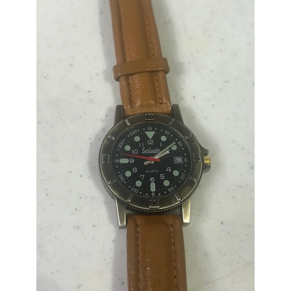 Enchanter Field Watch Black Dial Japan Quartz Tan Leather‎ Strap Compass Bezel